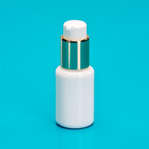 30 ml Opalglasflasche DIN22/410, Dispenser gold/weiß Hub 0,5 ml verriegelbar Steigrohr ungekürzt 