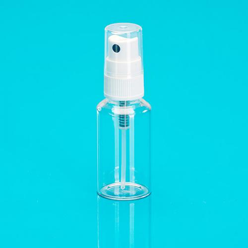 25 ml bottle clear glass,  clip cap clear, spray-head white 