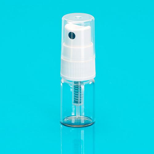 5 ml bottle clear glass,  clip cap clear, spray-head white 