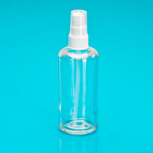 200 ml bottle clear glass,  clip cap clear, spray-head white 