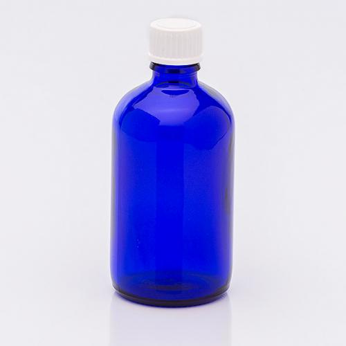 100 ml blue glass bottle DIN18, screw-lid white PP dropper-insert PE, for aqueous/oily solution 