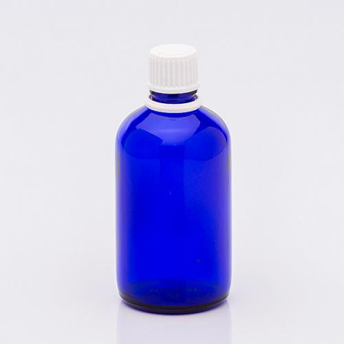 100 ml blue glass bottle DIN18, screw-lid white temperproof PP dropper-insert PE, for aqueous/oily solution 
