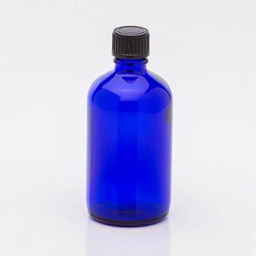 100 ml blue glass bottle DIN18, screw-lid black PP dropper-insert PE, for aqueous/oily solution 