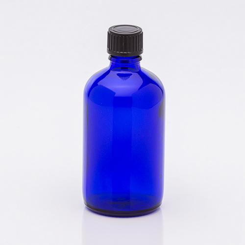 100 ml glass bottle blue, screw-lid black, dropper 